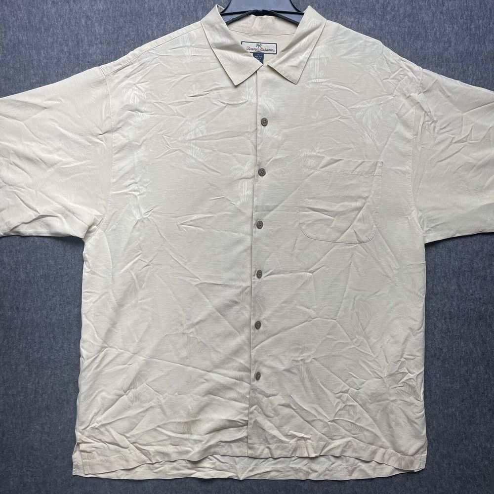 Tommy Bahama Shirt Mens XL Palm Trees 100% Silk Button Up Shirt Relax Beige